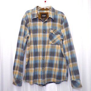 CQR Flannel Long Sleeve Shirt Mens Medium Brown Plaid Contrasting Cuffs READ
